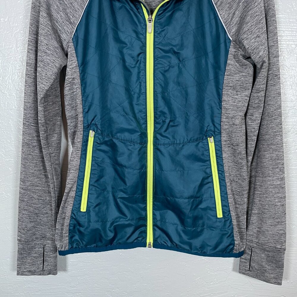 Title Nine Women S Gray Blue Willpower Running Jacket Full Zip Hooded Quilted - Picture 2 of 11